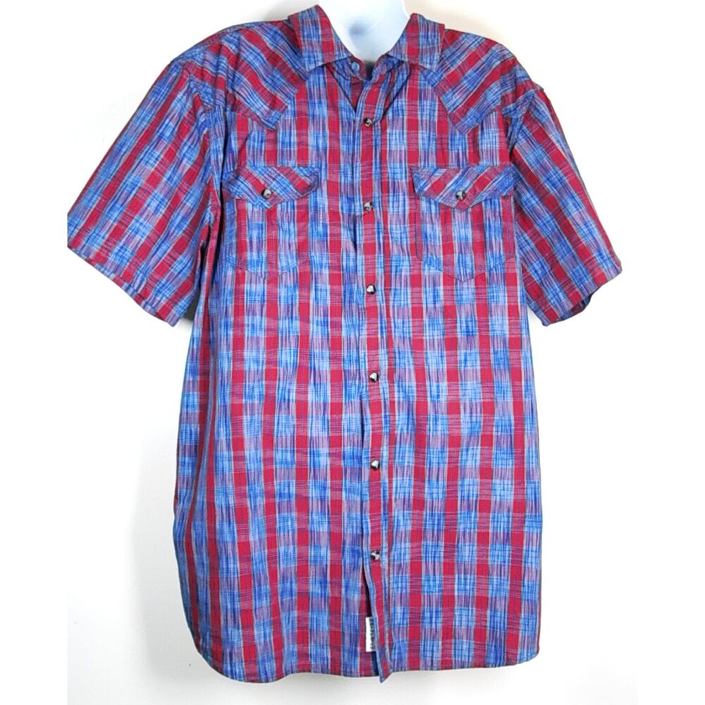 Men's Western Snap Shirt Sz. L Moon Shine Blue Red Short Sleeves